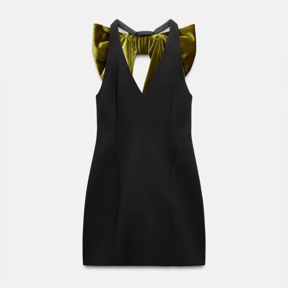 ZARA GREEN VELVET BOW MAXI DRESS